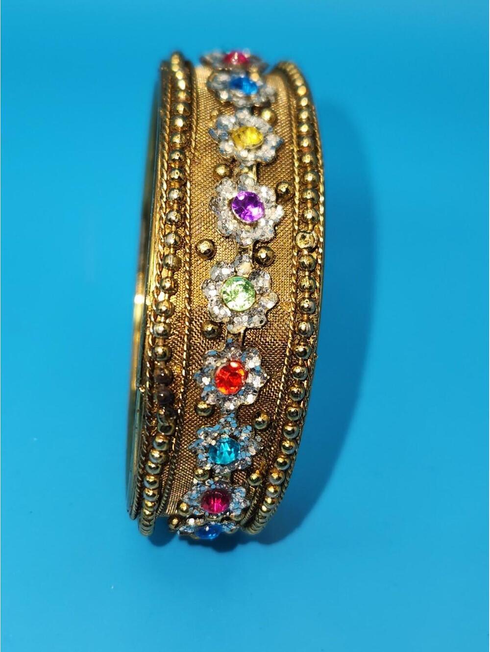 Artsy Bohemian Gypsy Bracelet Multi-colored Rhinestones Gold Plated, 3/4" Wide